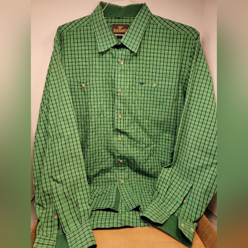 King Ranch Men’s X L Large Green  Button Shirt Plaid Cotton Western Rodeo Cowboy